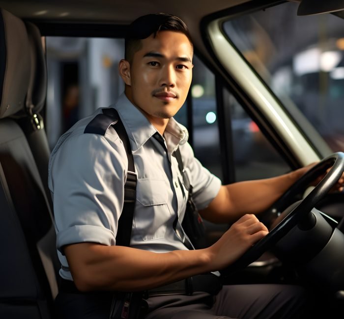 mixed-race-asian-man-uniform-shirt-sitting-steering-wheel-bus-truck-large-vehicle